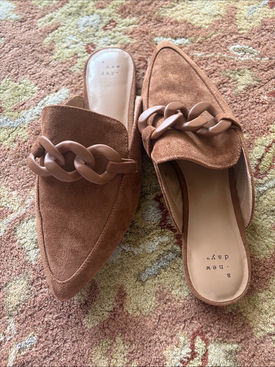 a new day Shoes - a new day Suede Tan Pointed-Toe Mules with Chunky Chain NWOT never worn